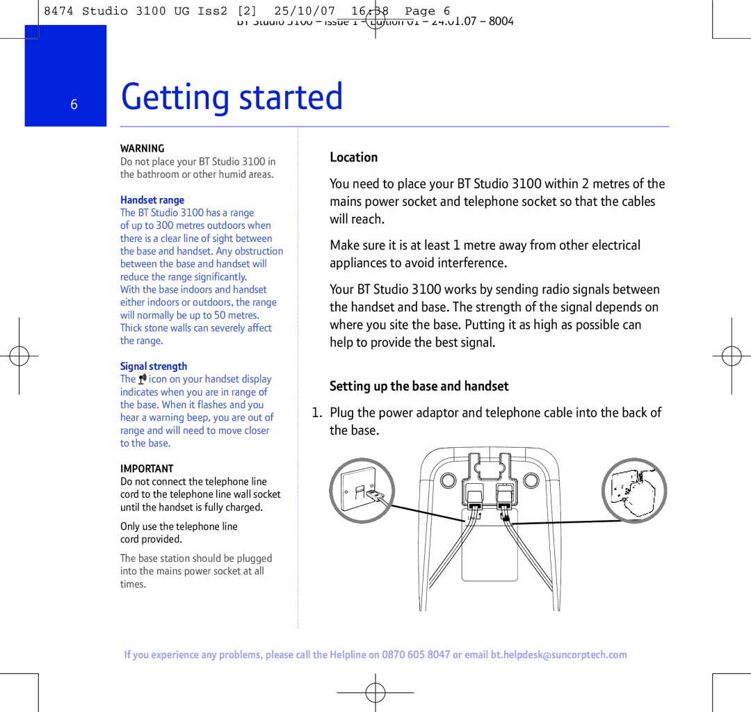 BT Studio 3100 manual Getting started, Location, Setting up the base and handset, Handset range, Signal strength 