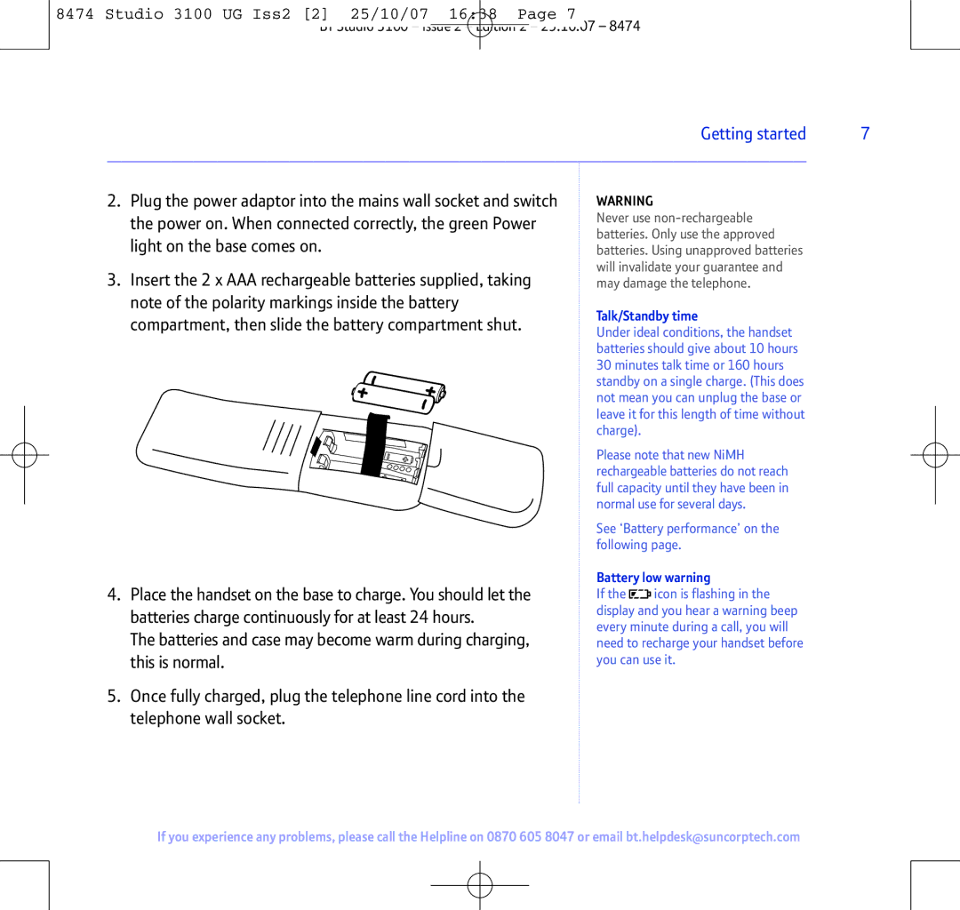 BT Studio 3100 manual Talk/Standby time, Battery low warning 