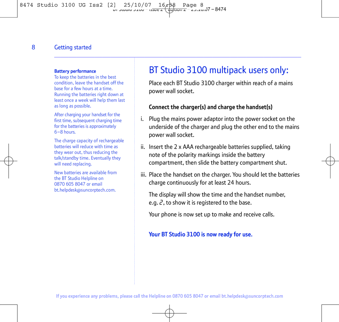 BT manual BT Studio 3100 multipack users only, Battery performance 