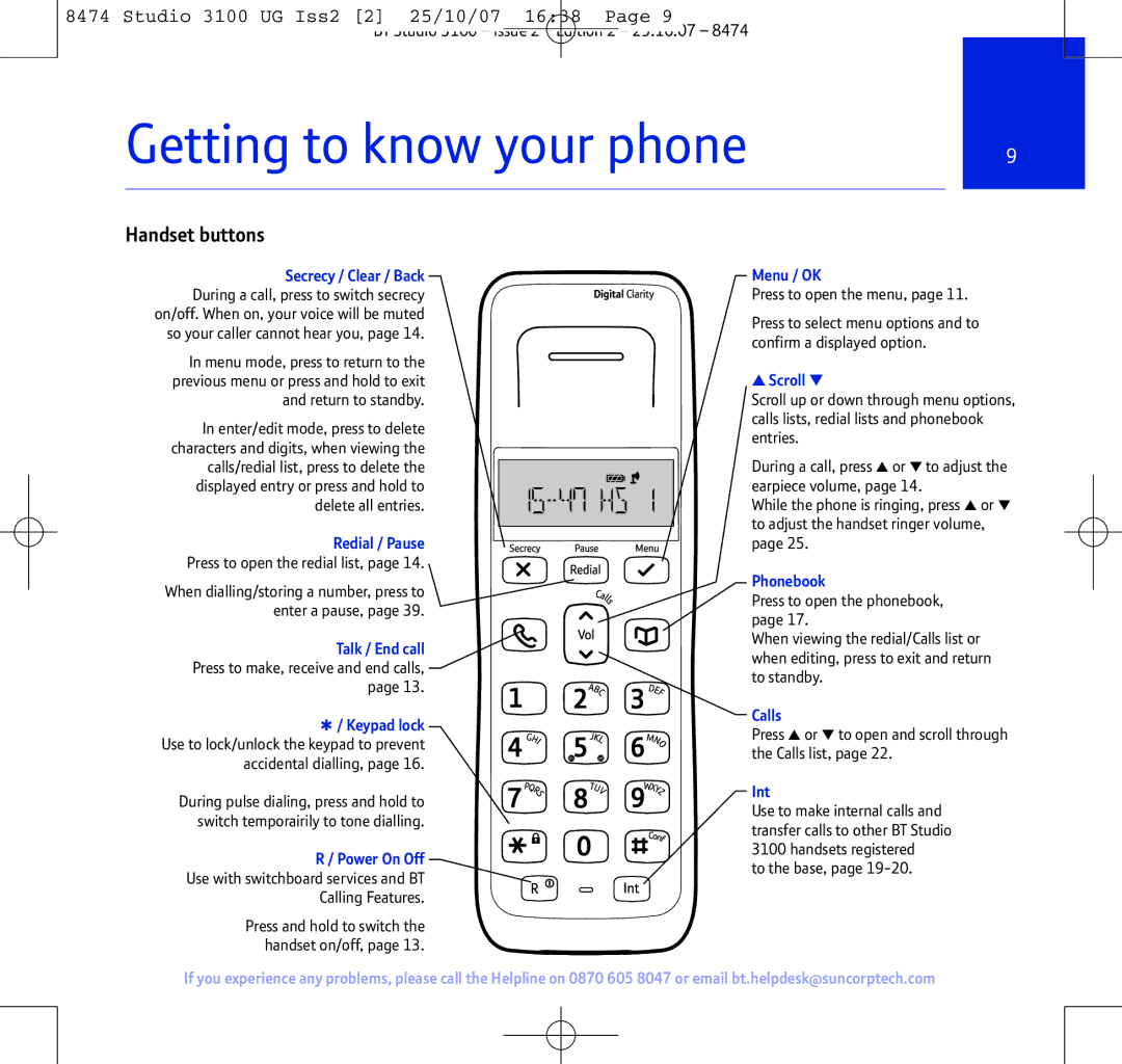 BT Studio 3100 manual Getting to know your phone, Handset buttons 