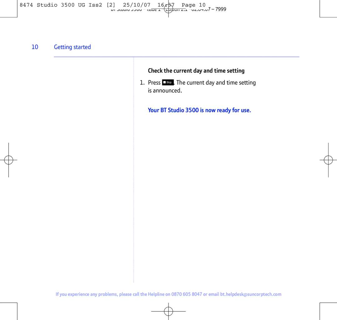 BT manual Check the current day and time setting, Your BT Studio 3500 is now ready for use 