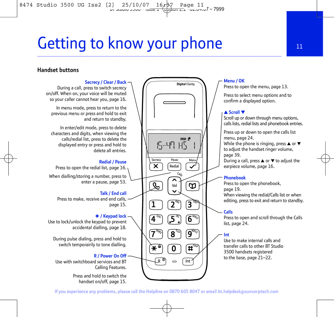 BT Studio 3500 manual Getting to know your phone, Handset buttons 