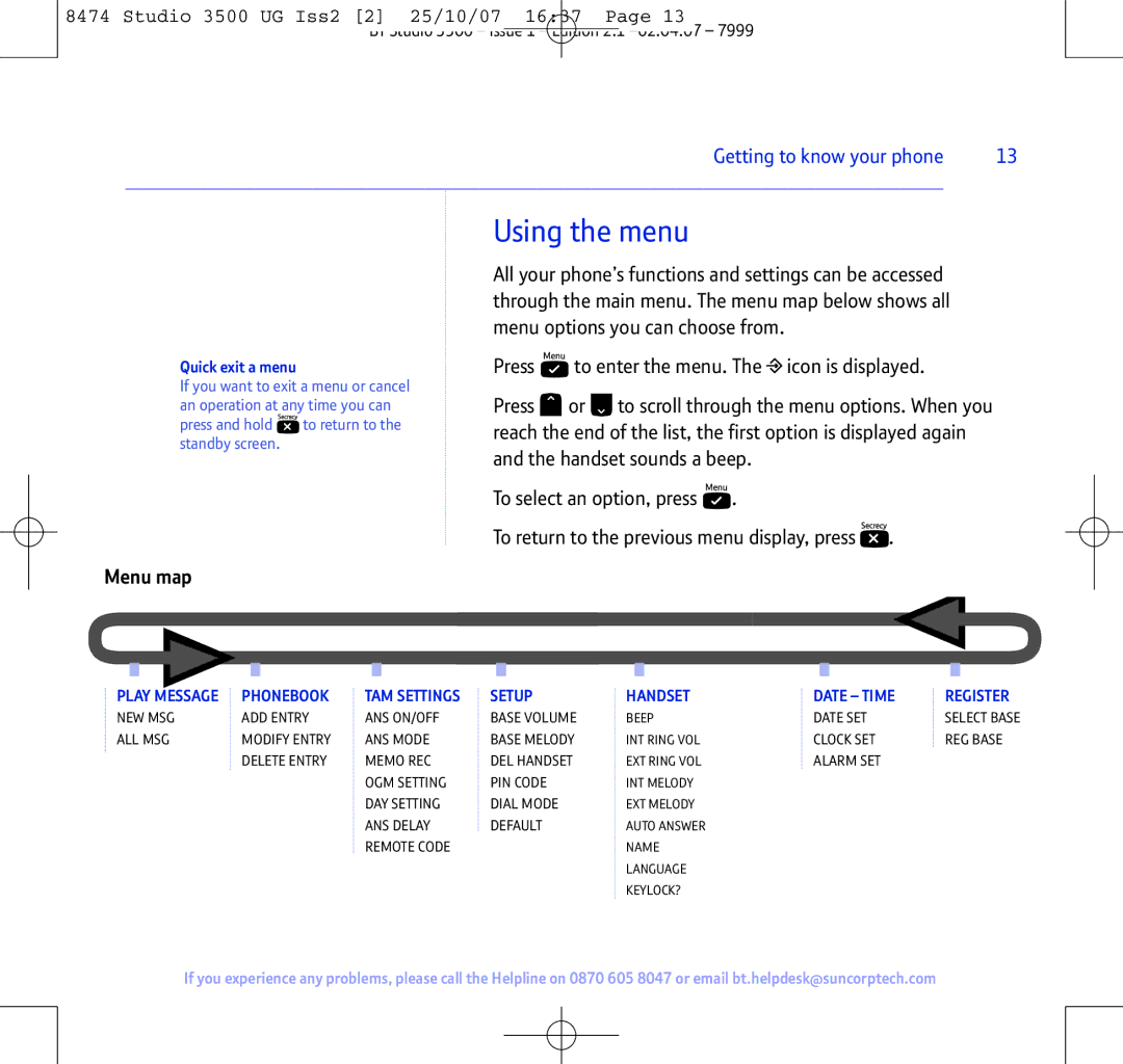 BT Studio 3500 manual Using the menu, Menu map, Quick exit a menu 