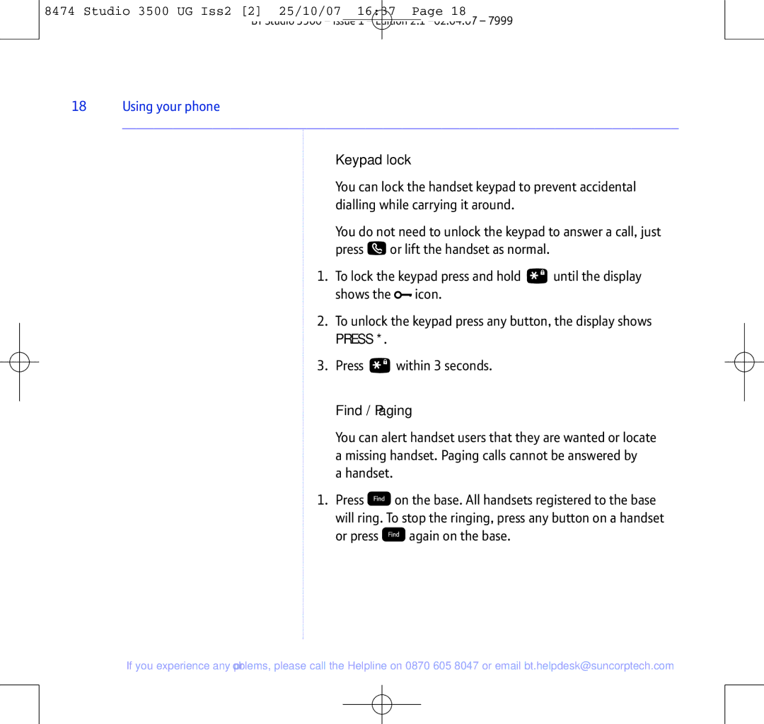 BT Studio 3500 manual Keypad lock, Find / Paging 