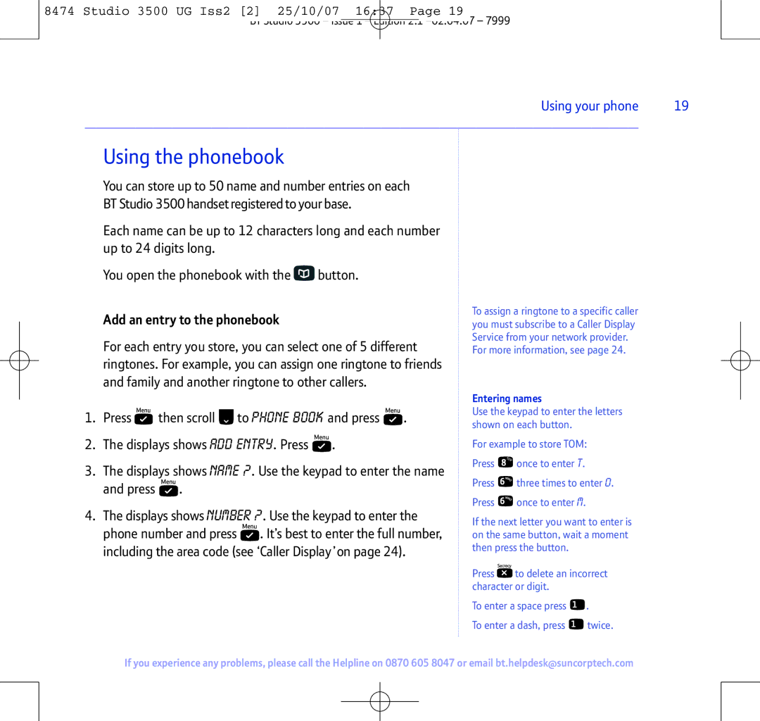 BT Studio 3500 manual Using the phonebook, Add an entry to the phonebook, Entering names 