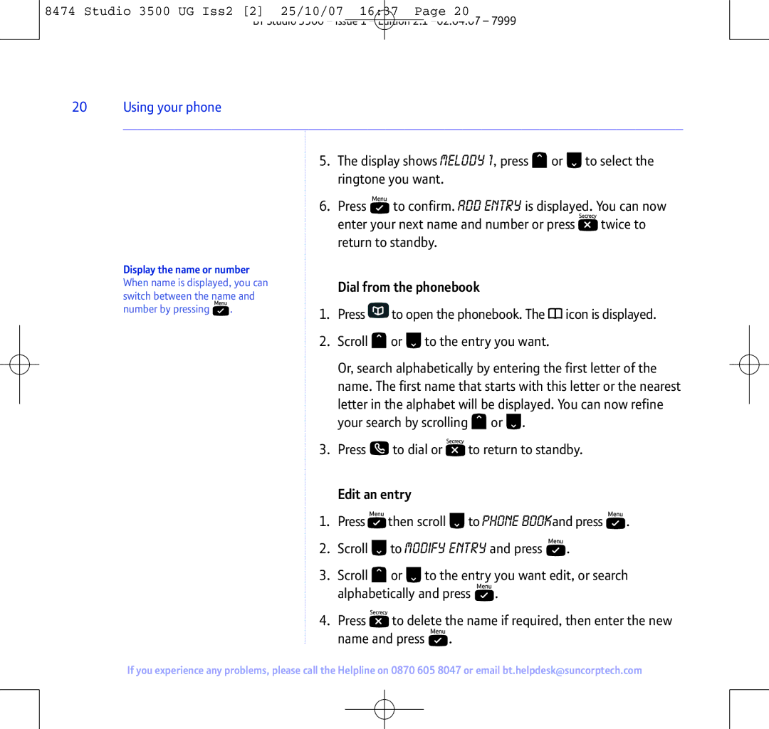 BT Studio 3500 manual Dial from the phonebook, Edit an entry 