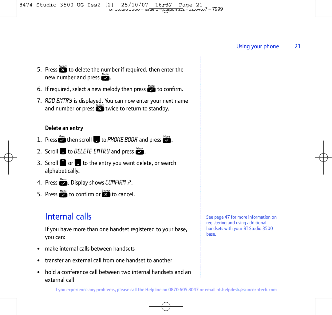 BT Studio 3500 manual Internal calls, Delete an entry 