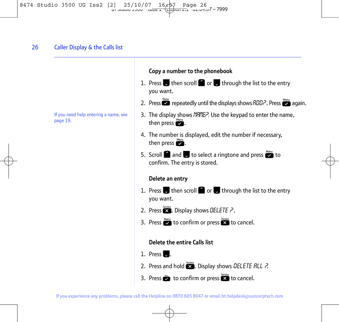 BT Studio 3500 manual Copy a number to the phonebook, Delete the entire Calls list 