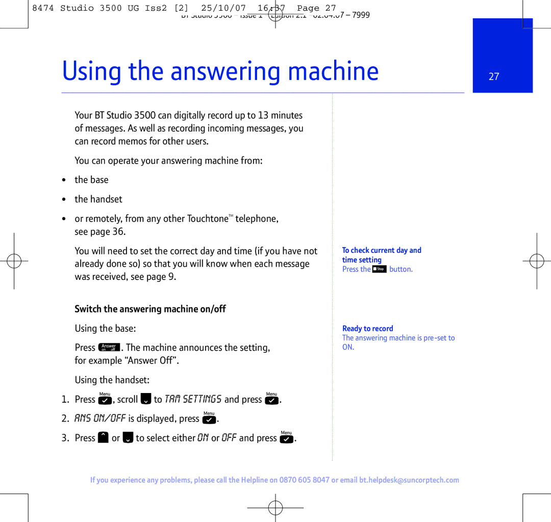 BT Studio 3500 manual Using the answering machine, Switch the answering machine on/off, To check current day, Time setting 