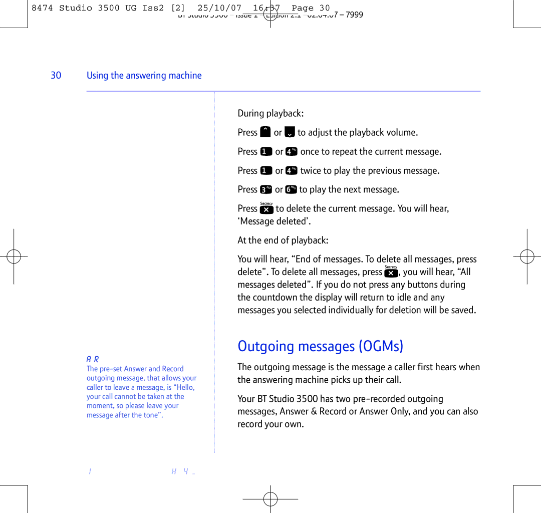 BT Studio 3500 manual Outgoing messages OGMs, Answer and Record 