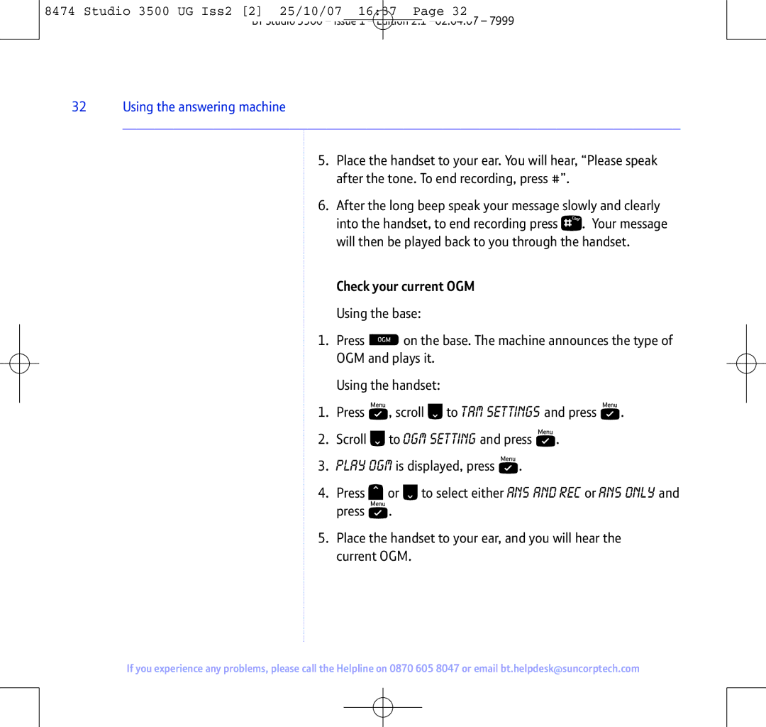 BT Studio 3500 manual Check your current OGM 