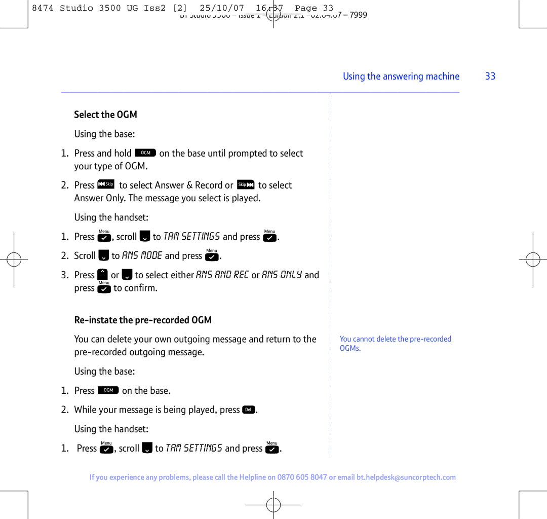 BT Studio 3500 manual Select the OGM, Re-instate the pre-recorded OGM 