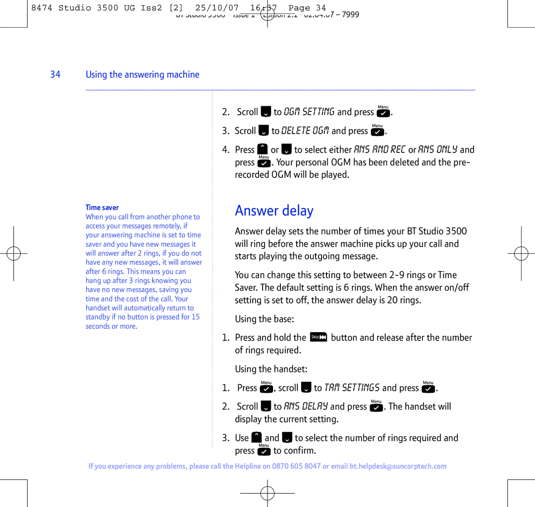 BT Studio 3500 manual Answer delay, Time saver 