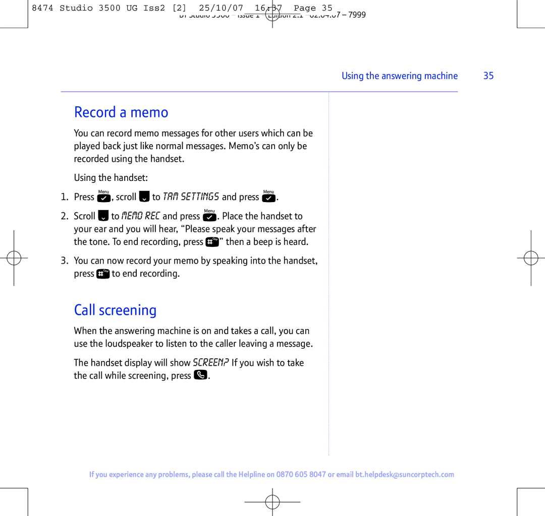 BT Studio 3500 manual Record a memo, Call screening 