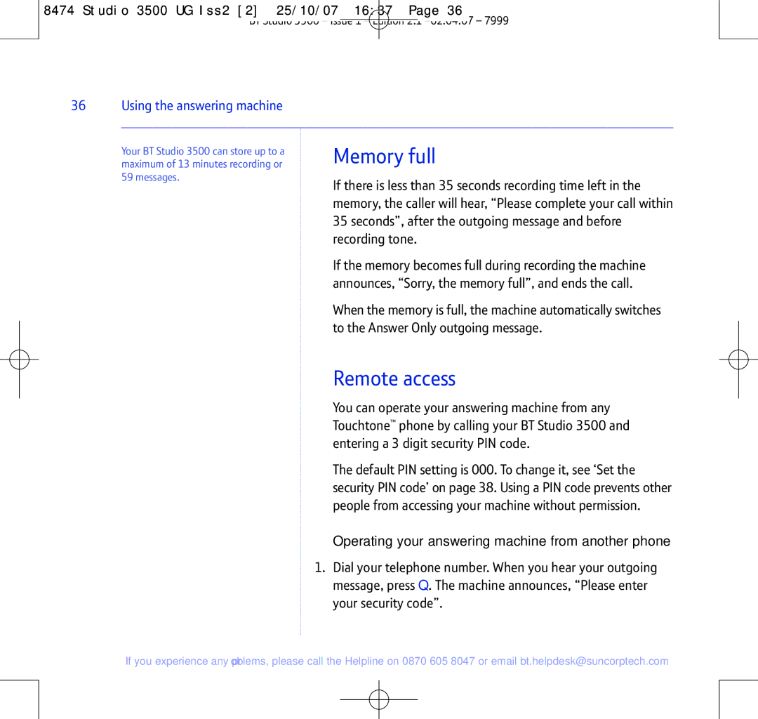 BT Studio 3500 manual Memory full, Remote access, Operating your answering machine from another phone 