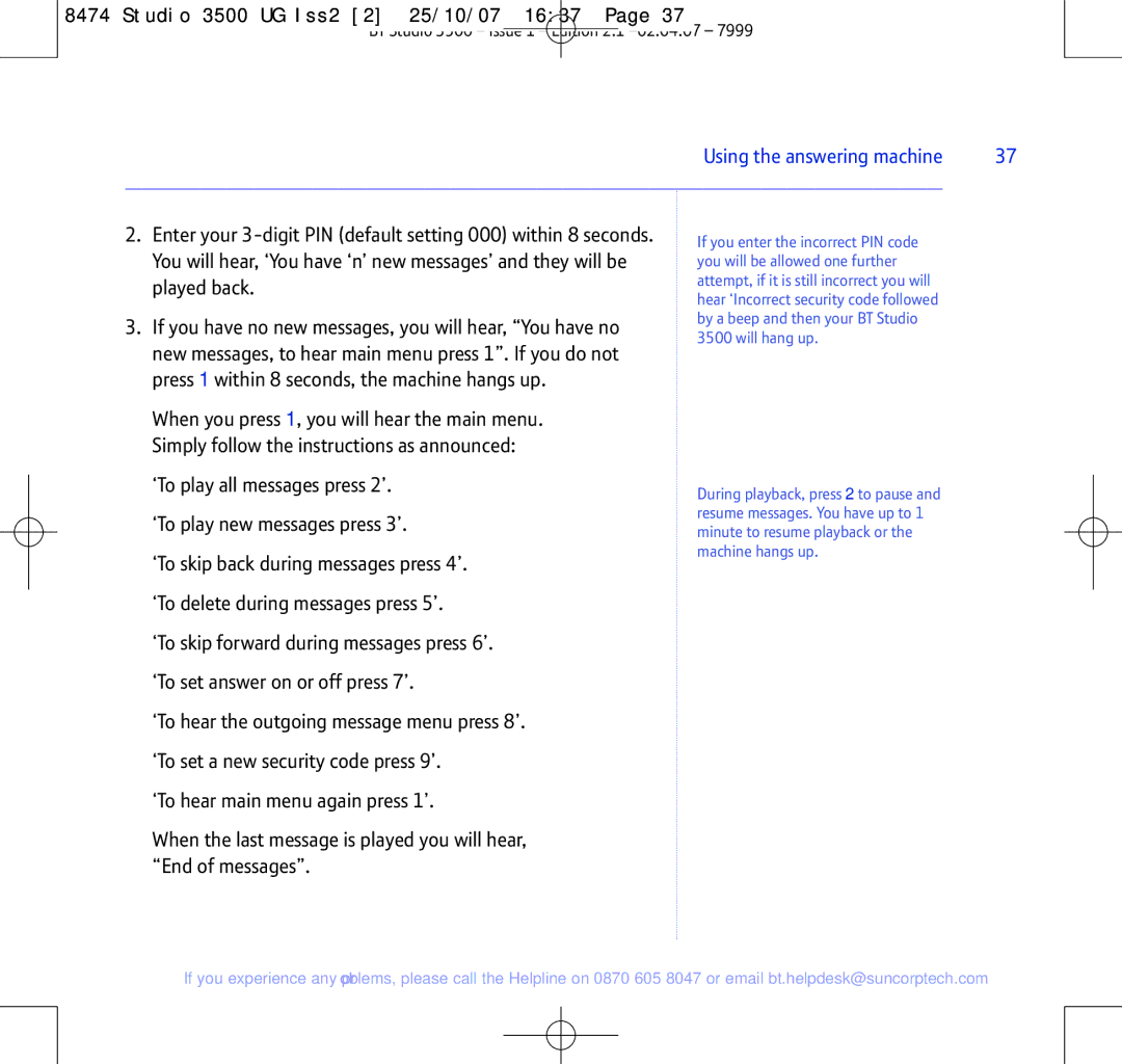 BT Studio 3500 manual Using the answering machine 