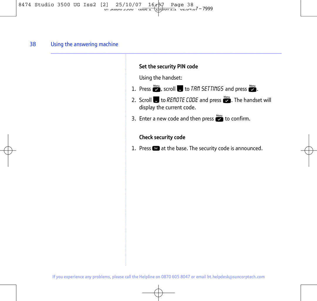 BT Studio 3500 manual Set the security PIN code, Check security code 