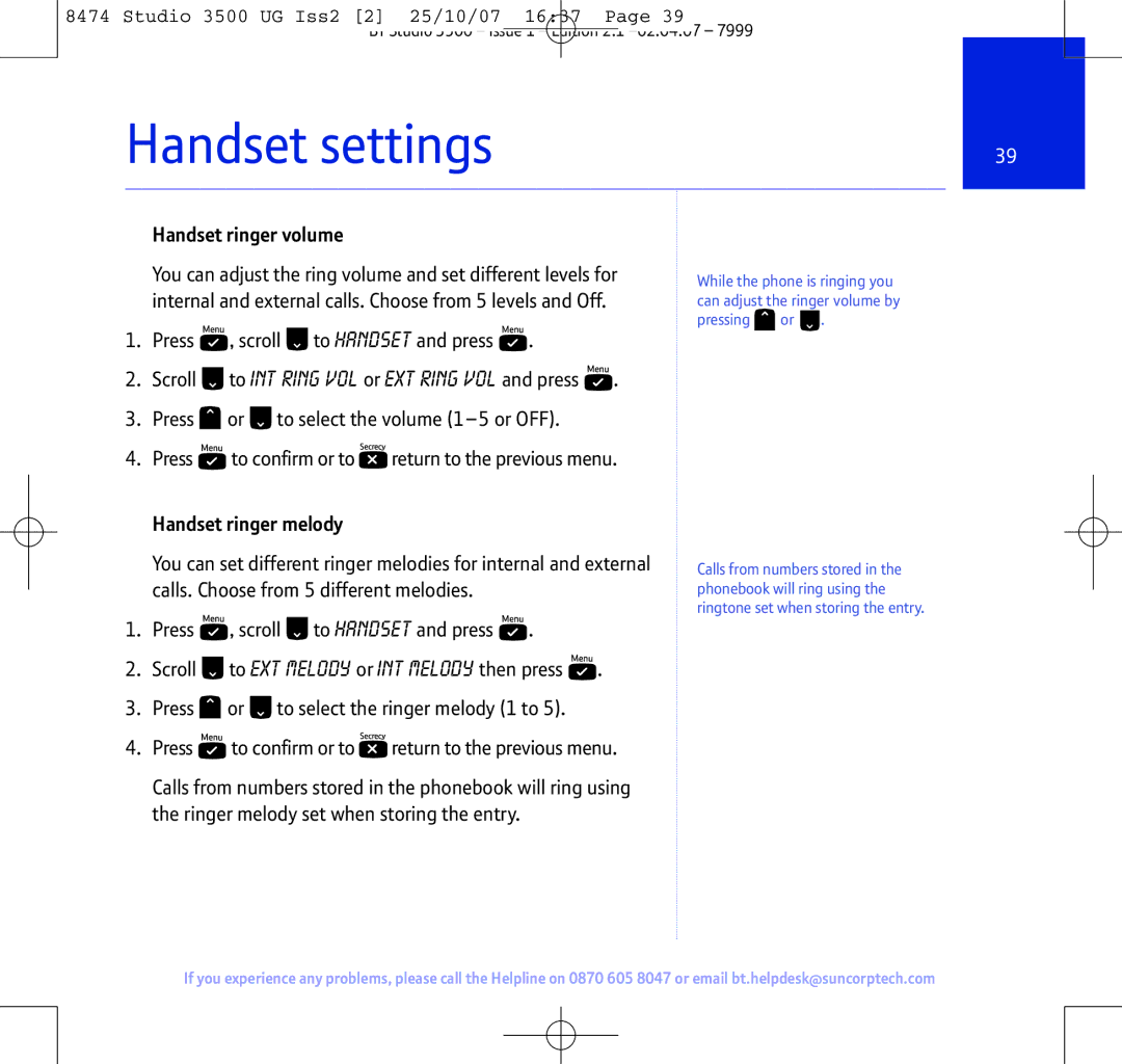 BT Studio 3500 manual Handset settings, Handset ringer volume, Handset ringer melody 