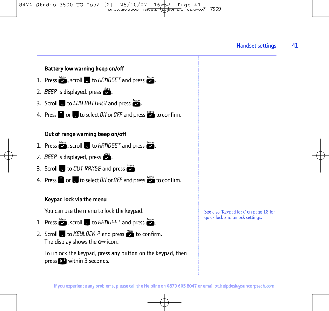 BT Studio 3500 manual Battery low warning beep on/off, Out of range warning beep on/off, Keypad lock via the menu 