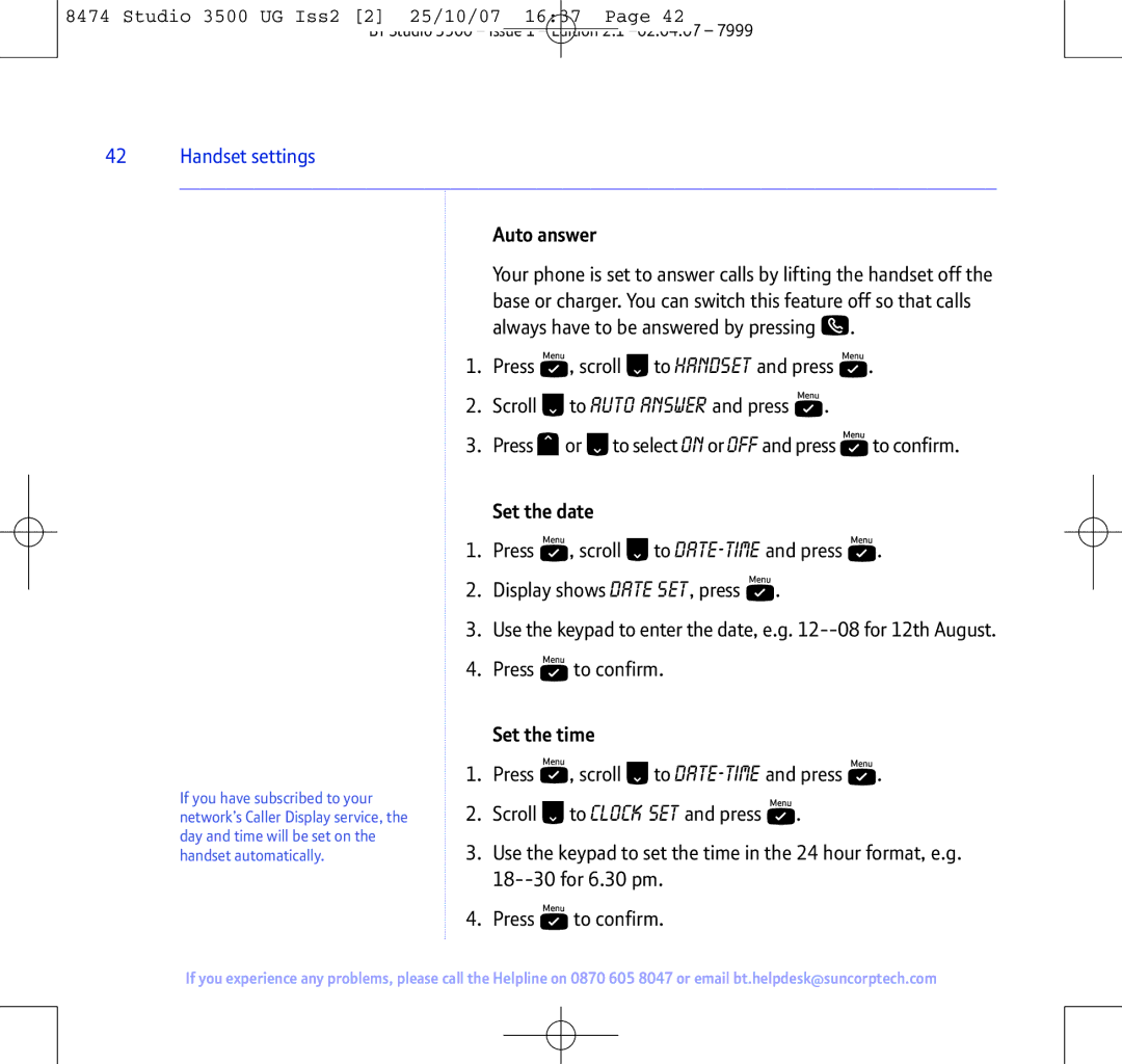 BT Studio 3500 manual Auto answer, Set the date, Set the time 