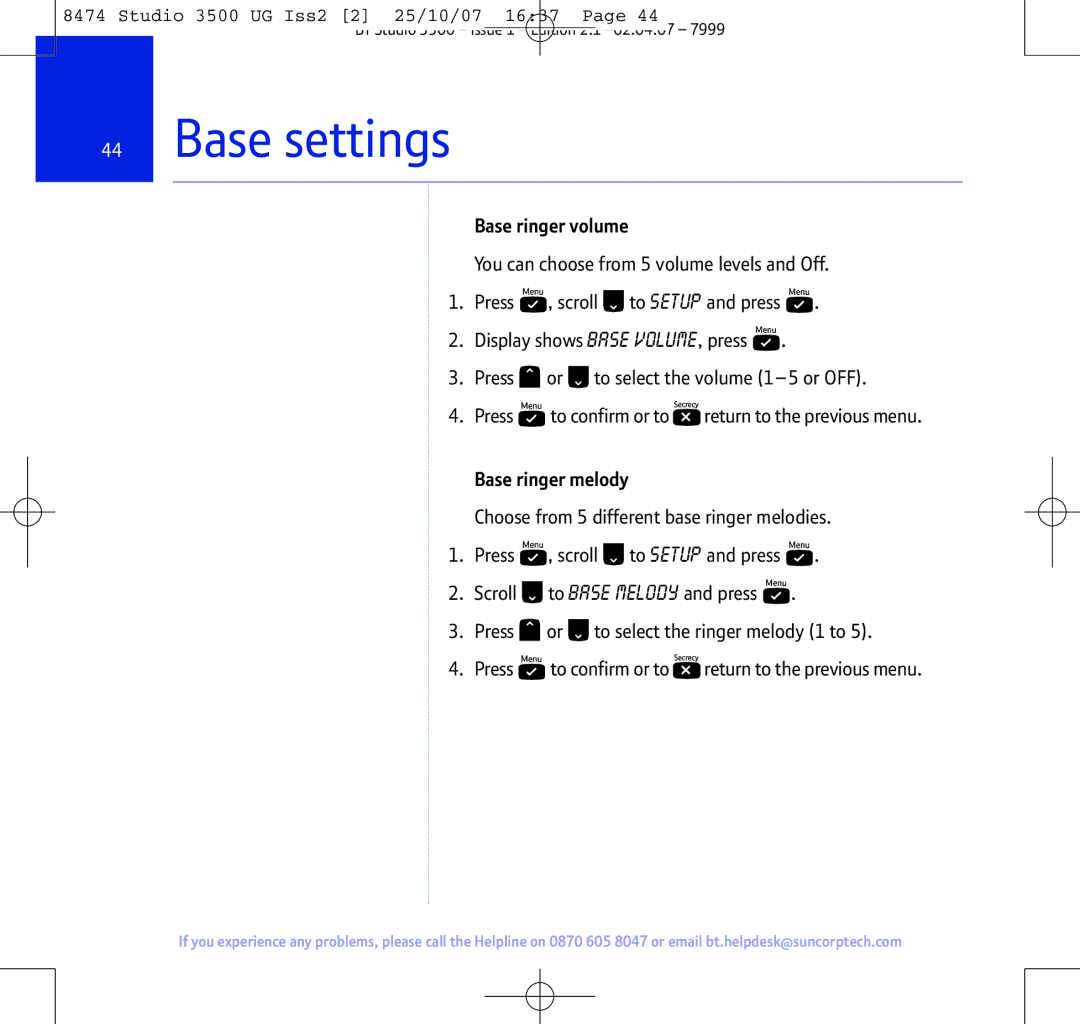 BT Studio 3500 manual Base settings, Base ringer volume, Base ringer melody 