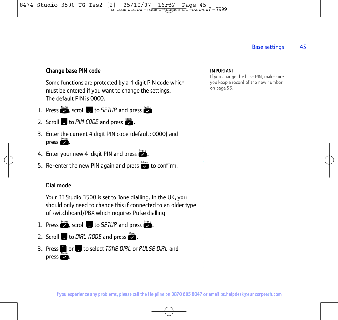 BT Studio 3500 manual Change base PIN code, Dial mode 