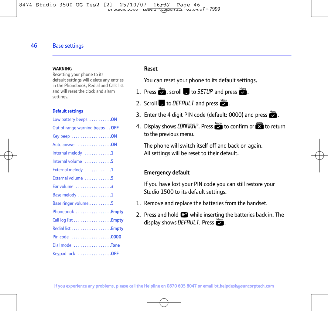 BT Studio 3500 manual Reset, Emergency default, Default settings 