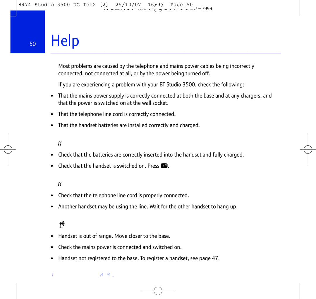 BT Studio 3500 manual Help, No display, No dial tone, Icon flashing 