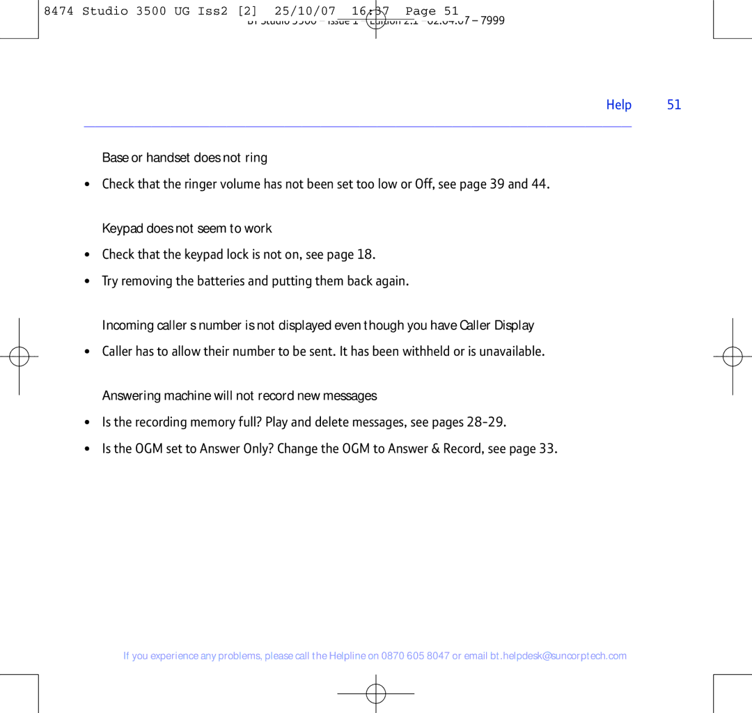 BT Studio 3500 Base or handset does not ring, Keypad does not seem to work, Answering machine will not record new messages 