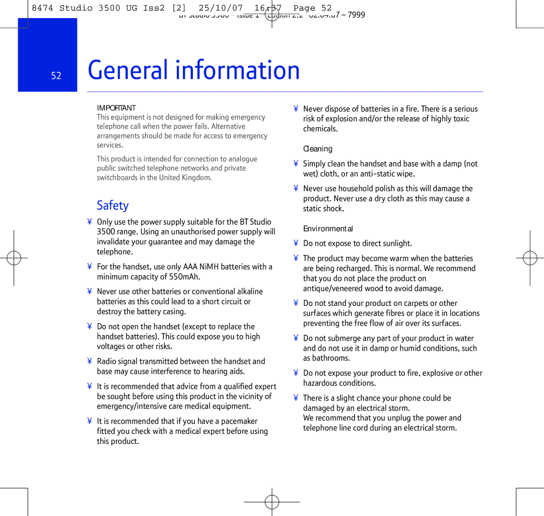 BT Studio 3500 manual General information, Safety 