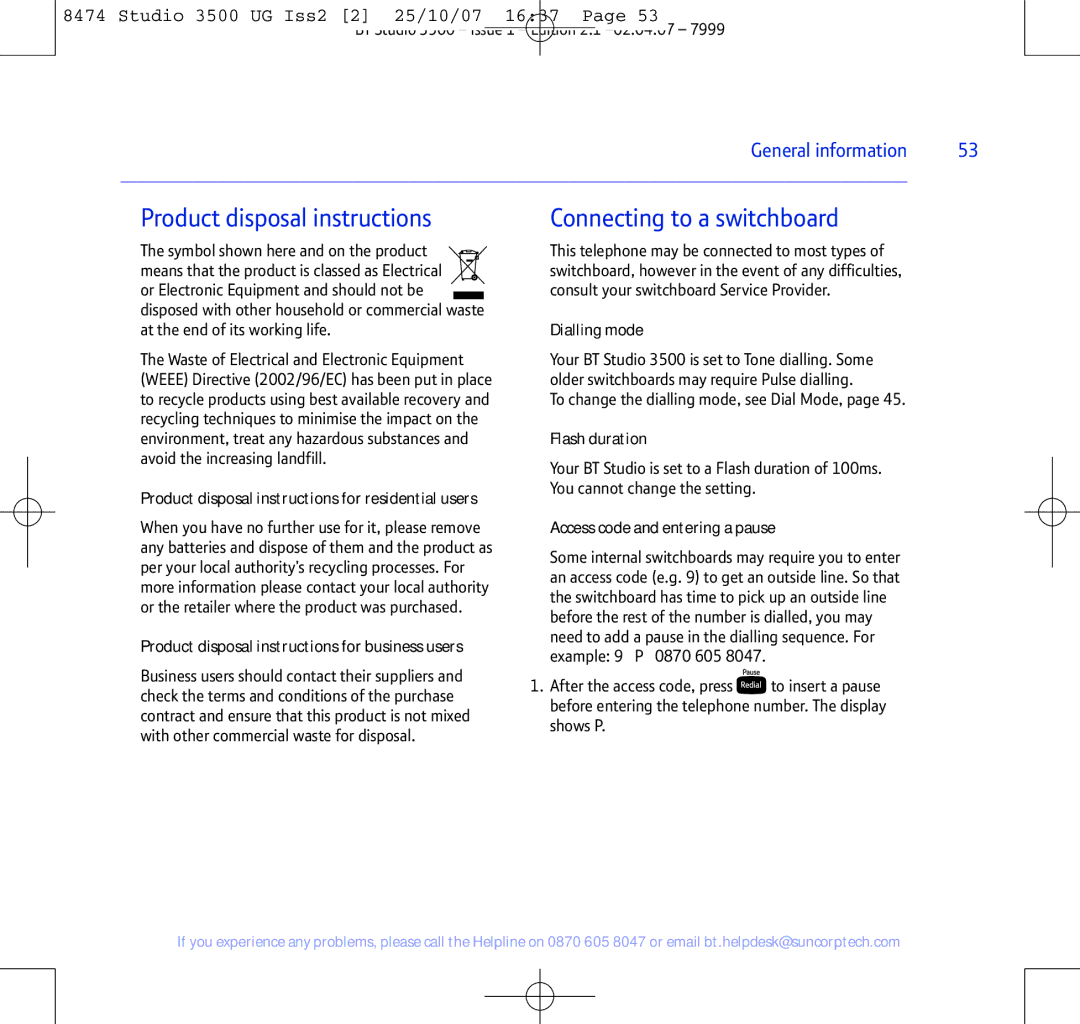 BT Studio 3500 manual Product disposal instructions 