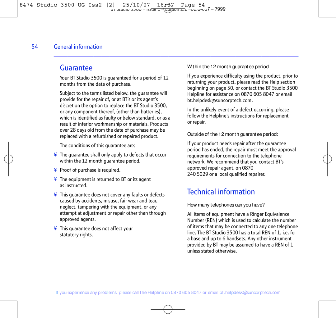 BT Studio 3500 manual Guarantee 