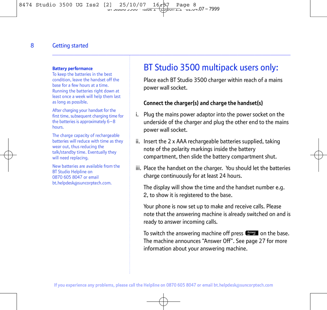 BT manual BT Studio 3500 multipack users only, Battery performance 