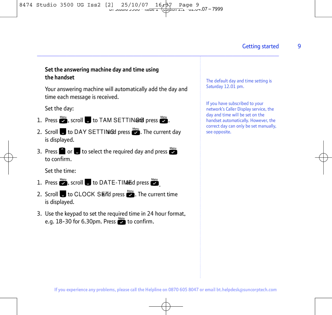 BT Studio 3500 manual Set the answering machine day and time using the handset 