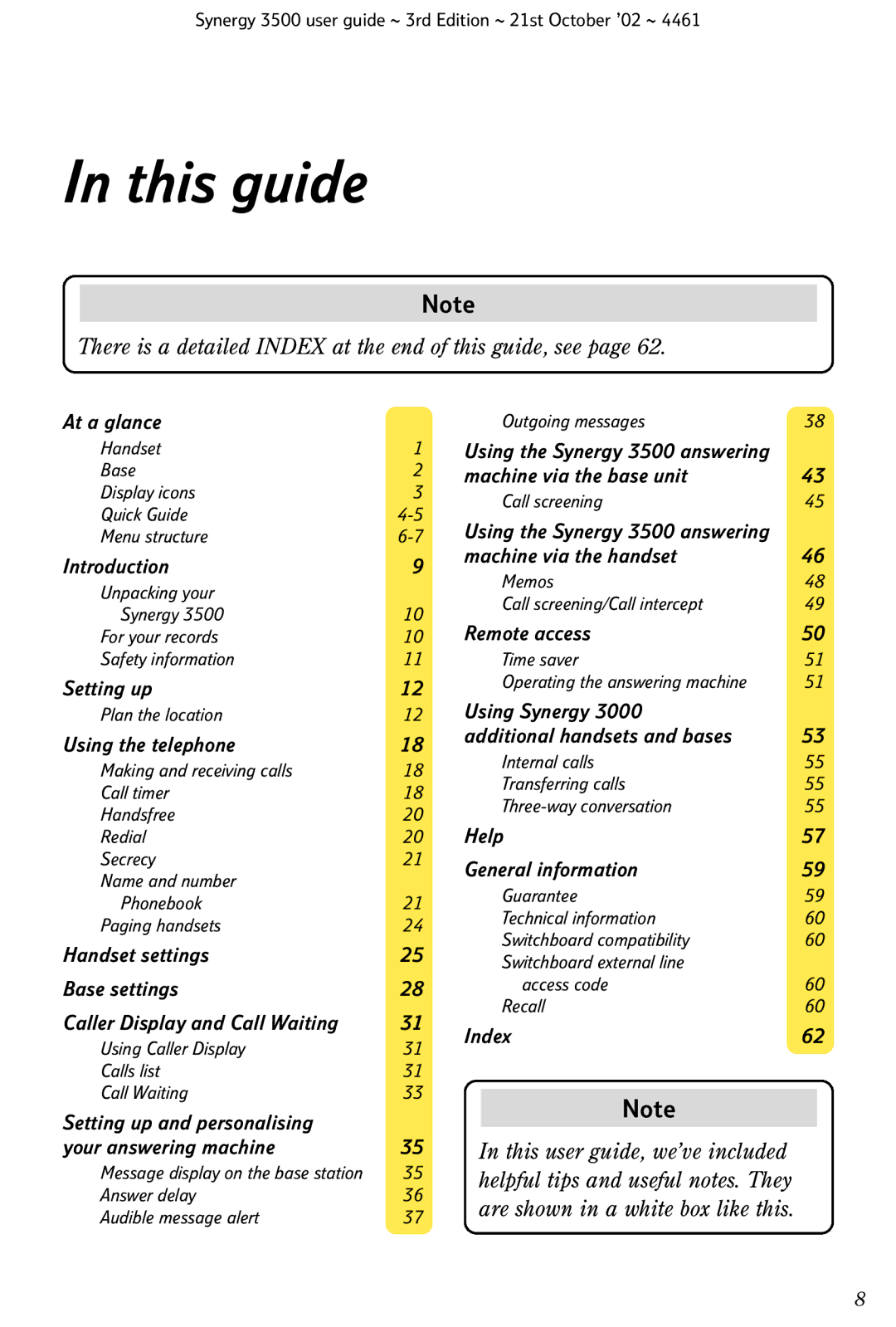 BT Synergy 3500 manual This guide, There is a detailed Index at the end of this guide, see 