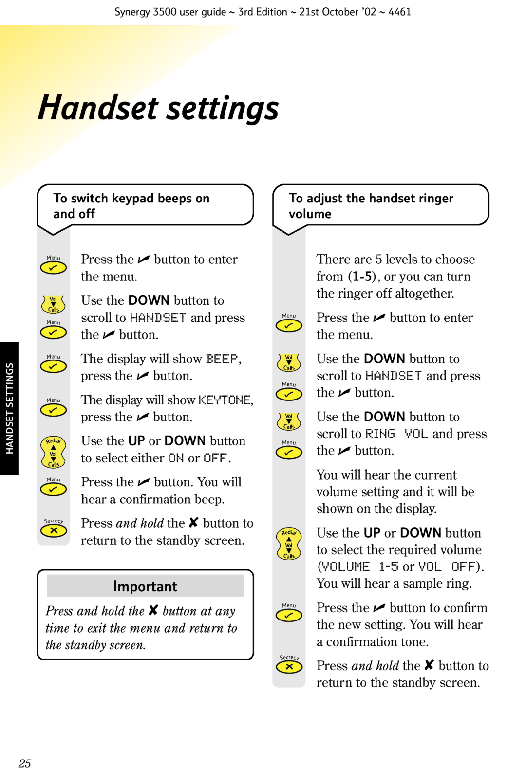 BT Synergy 3500 manual To switch keypad beeps on and off, To adjust the handset ringer volume 