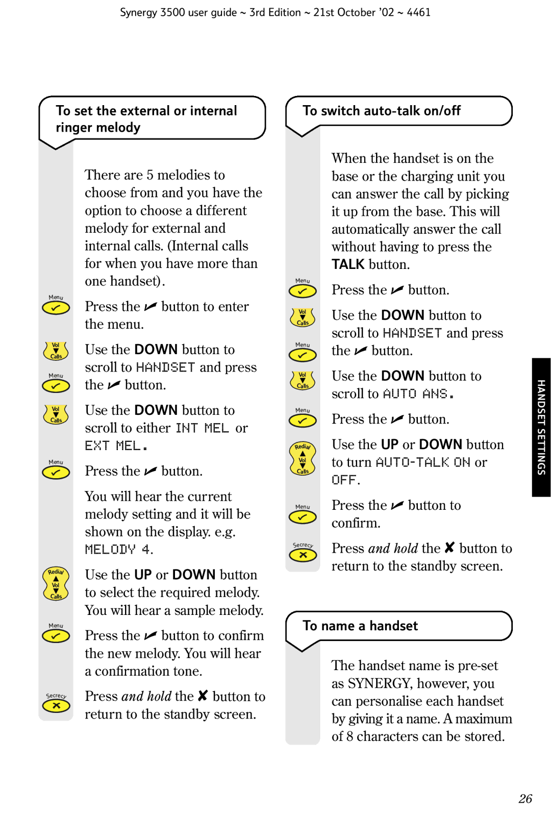 BT Synergy 3500 manual To set the external or internal ringer melody, To switch auto-talk on/off, To name a handset 