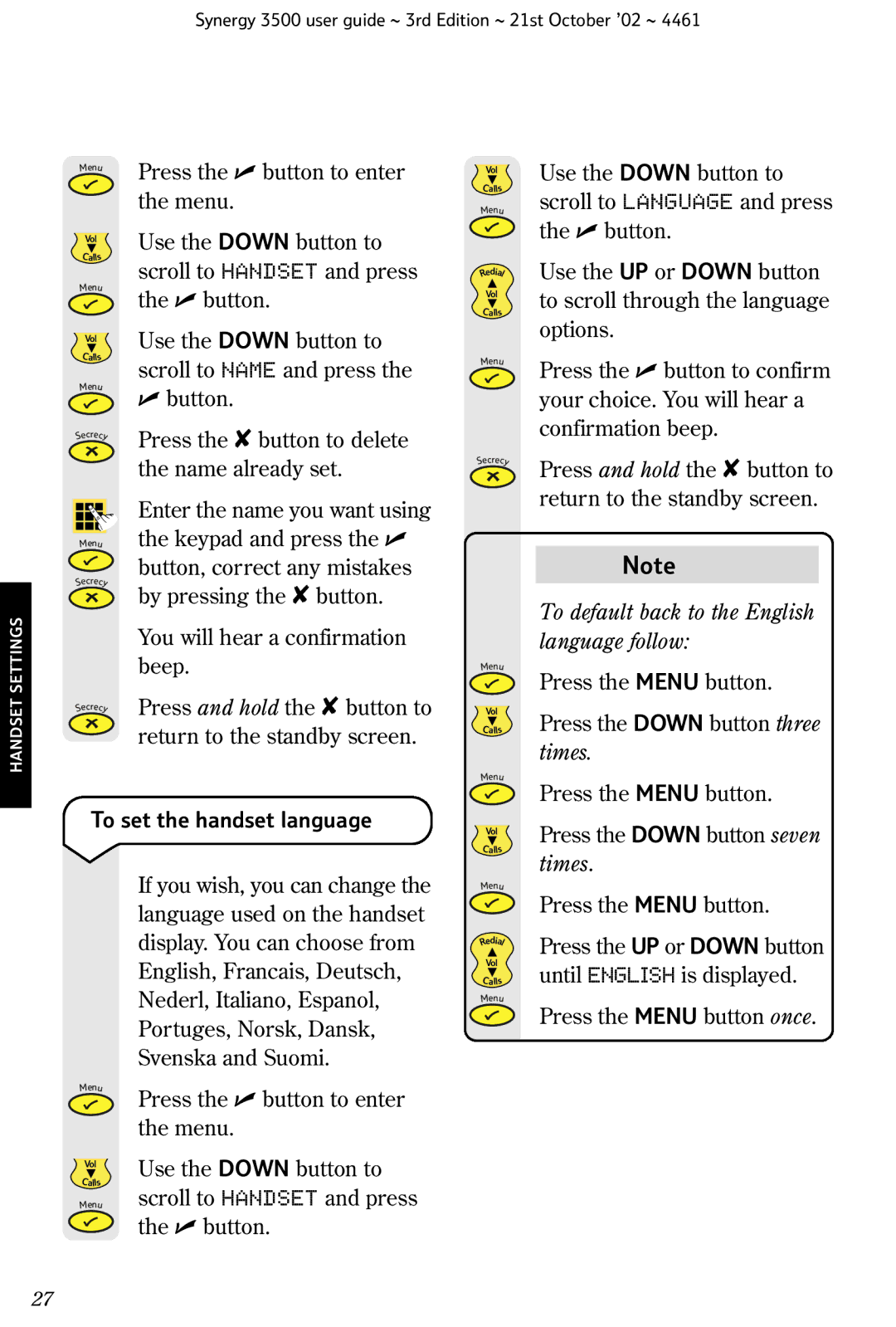 BT Synergy 3500 manual To set the handset language, To default back to the English language follow, Times 