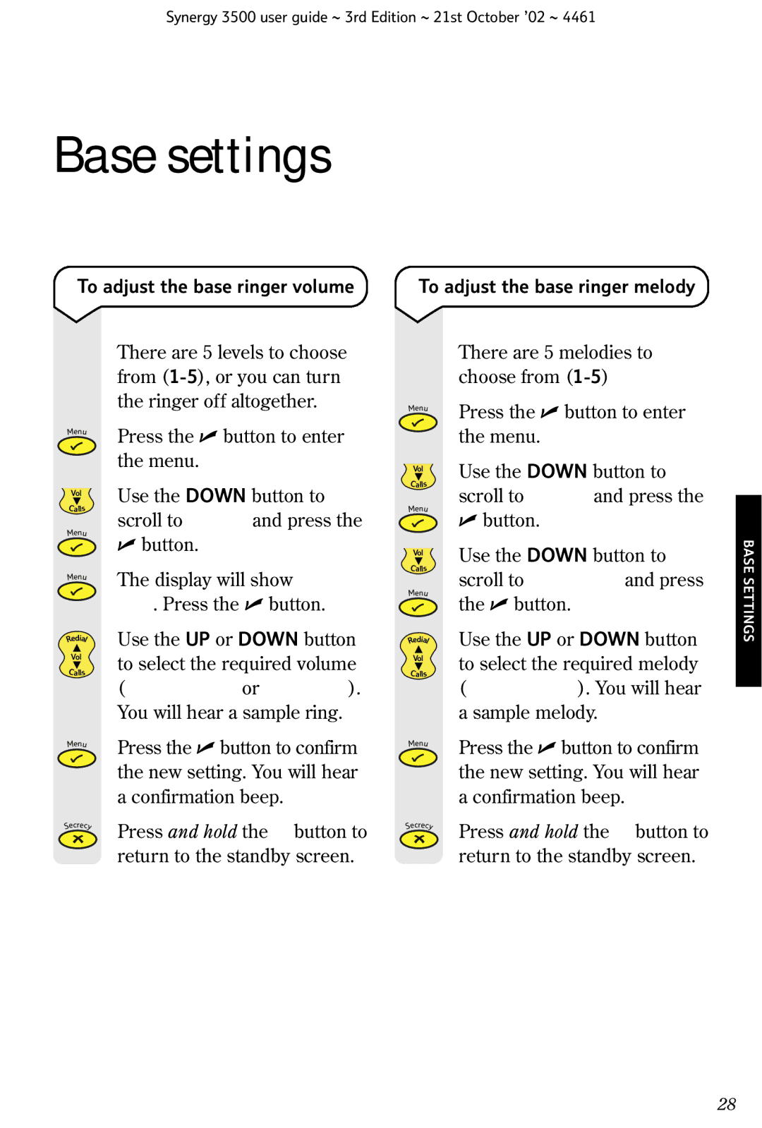 BT Synergy 3500 manual Base settings, To adjust the base ringer volume, To adjust the base ringer melody 