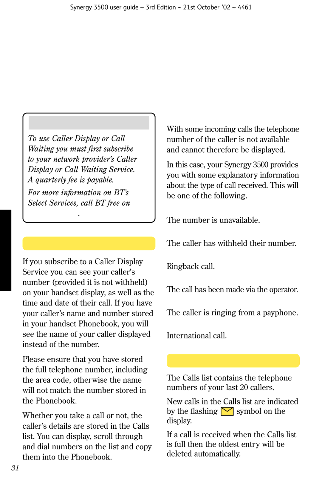 BT Synergy 3500 manual Using Caller Display, Calls list, 0800 800, Caller information not available 