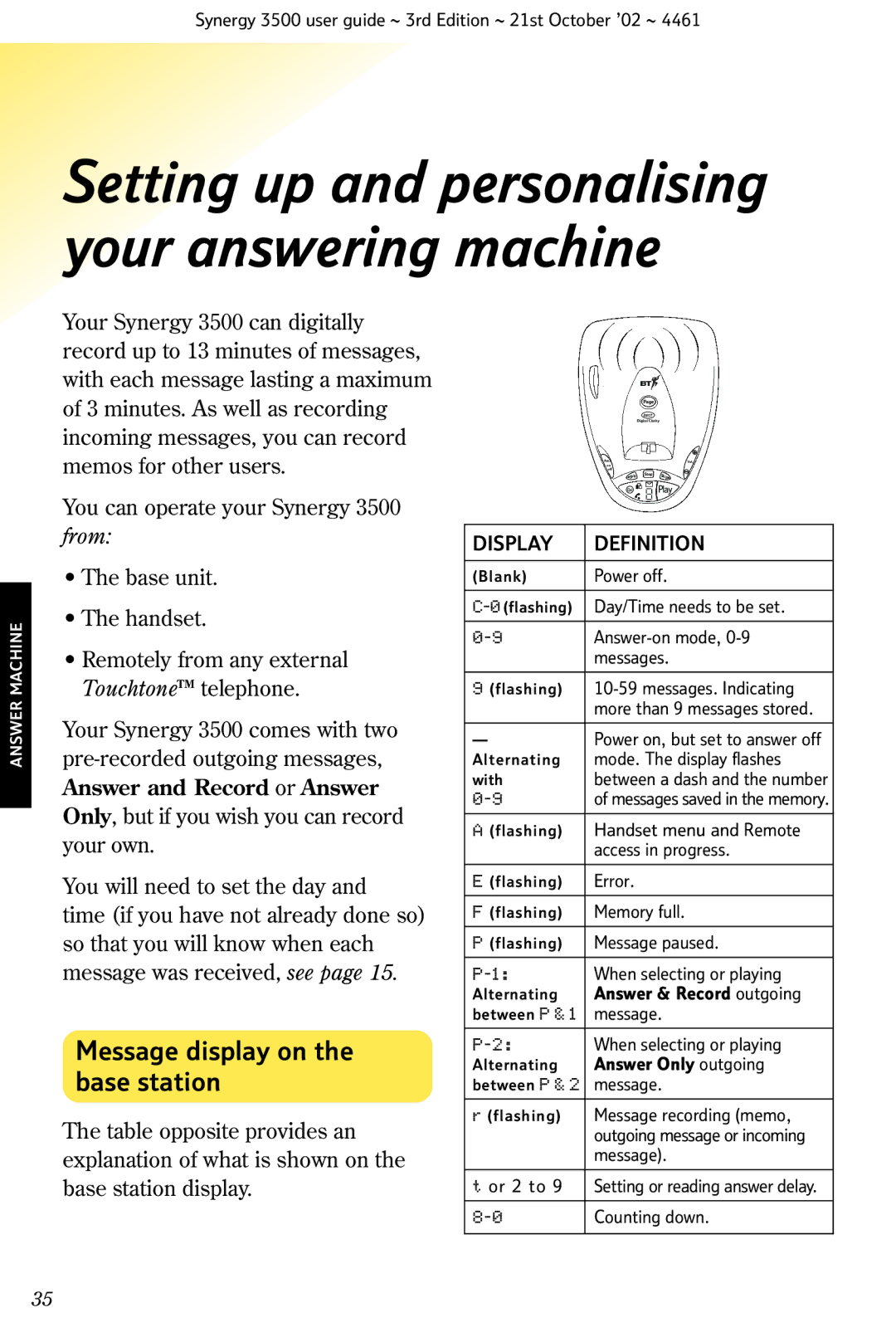 BT Synergy 3500 manual Setting up and personalising your answering machine, Message display on the base station 