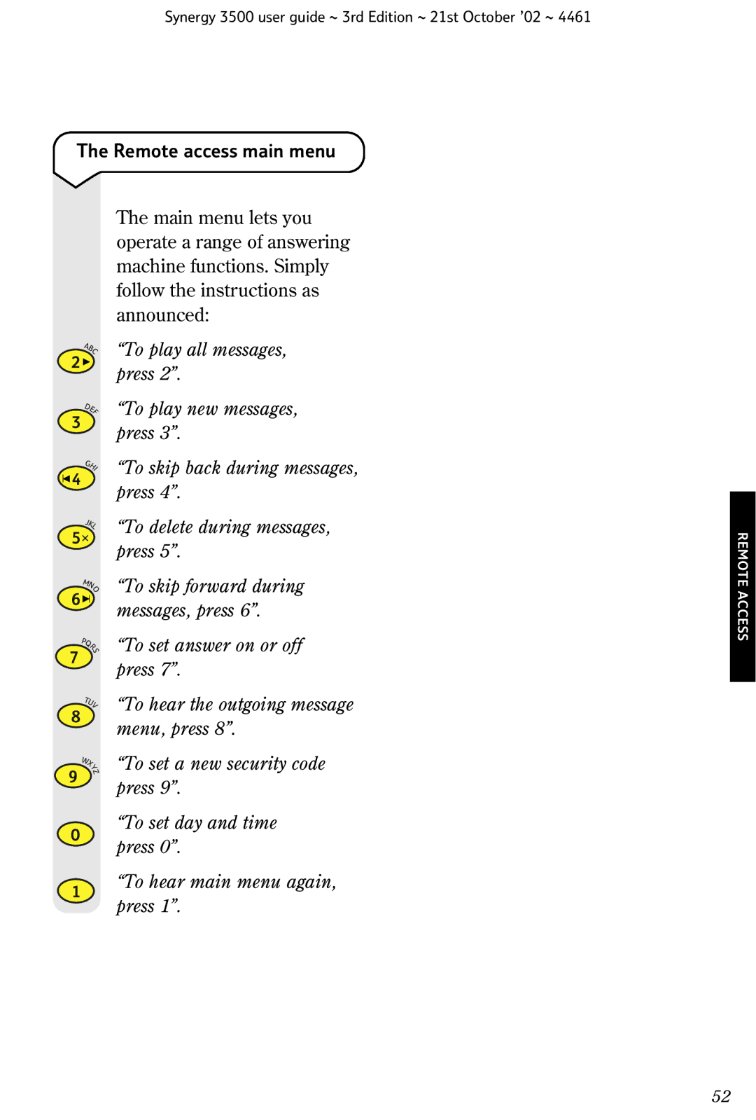 BT Synergy 3500 manual Remote access main menu, To set day and time press To hear main menu again, press 