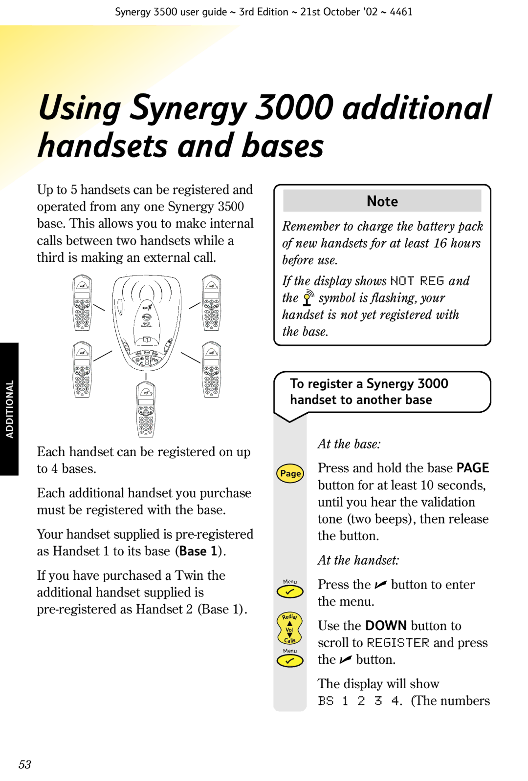 BT Synergy 3500 manual At the base, At the handset 