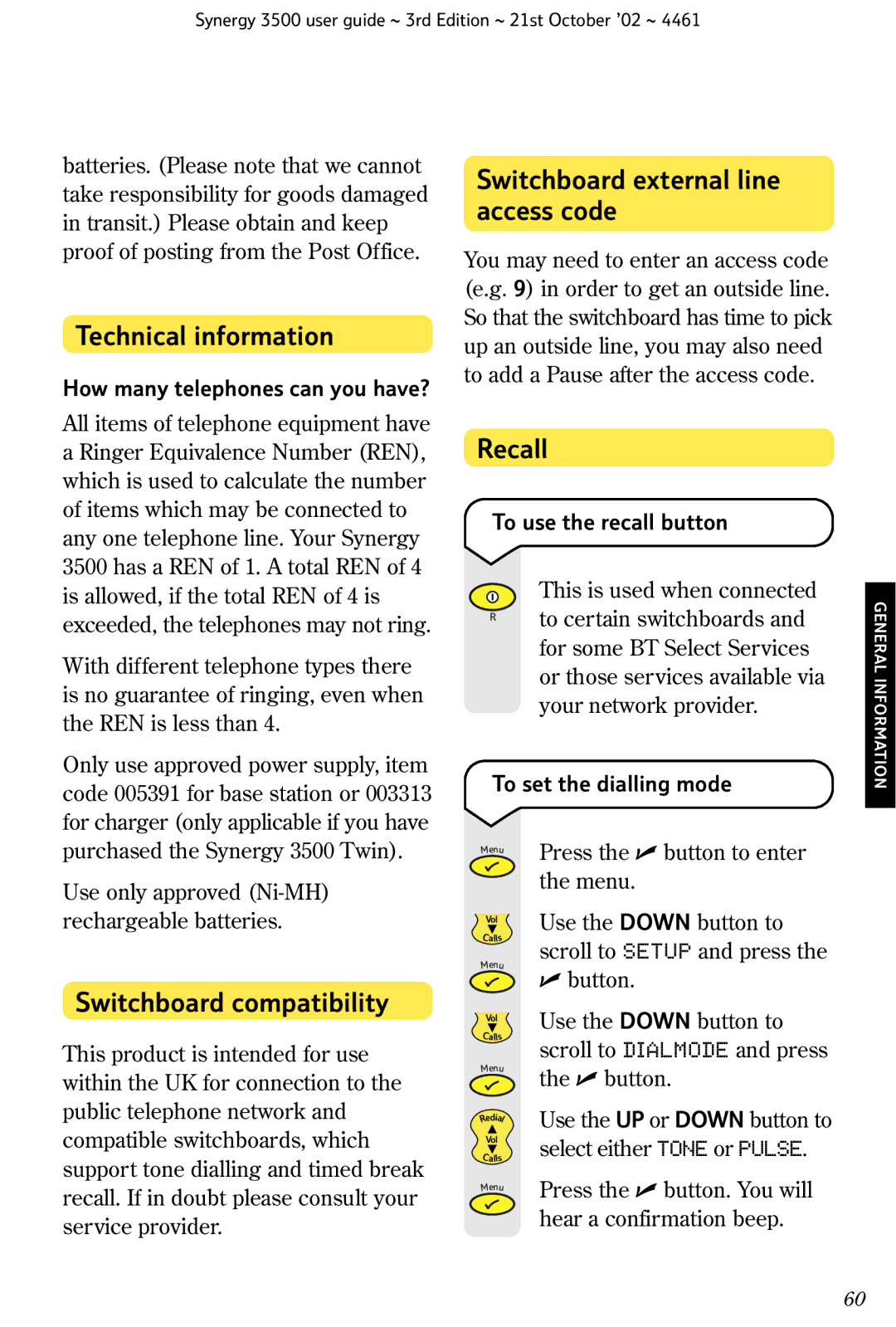 BT Synergy 3500 manual Technical information, Switchboard compatibility, Switchboard external line access code, Recall 