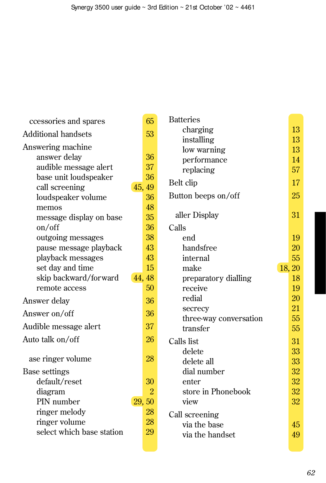 BT Synergy 3500 manual Index 