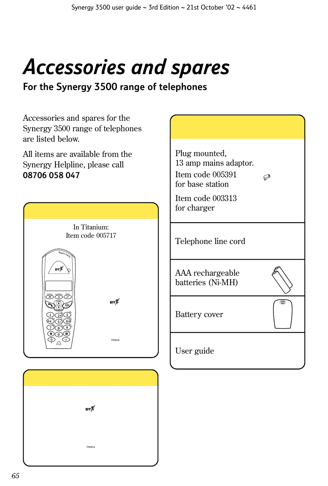 BT manual Accessories and spares, For the Synergy 3500 range of telephones 