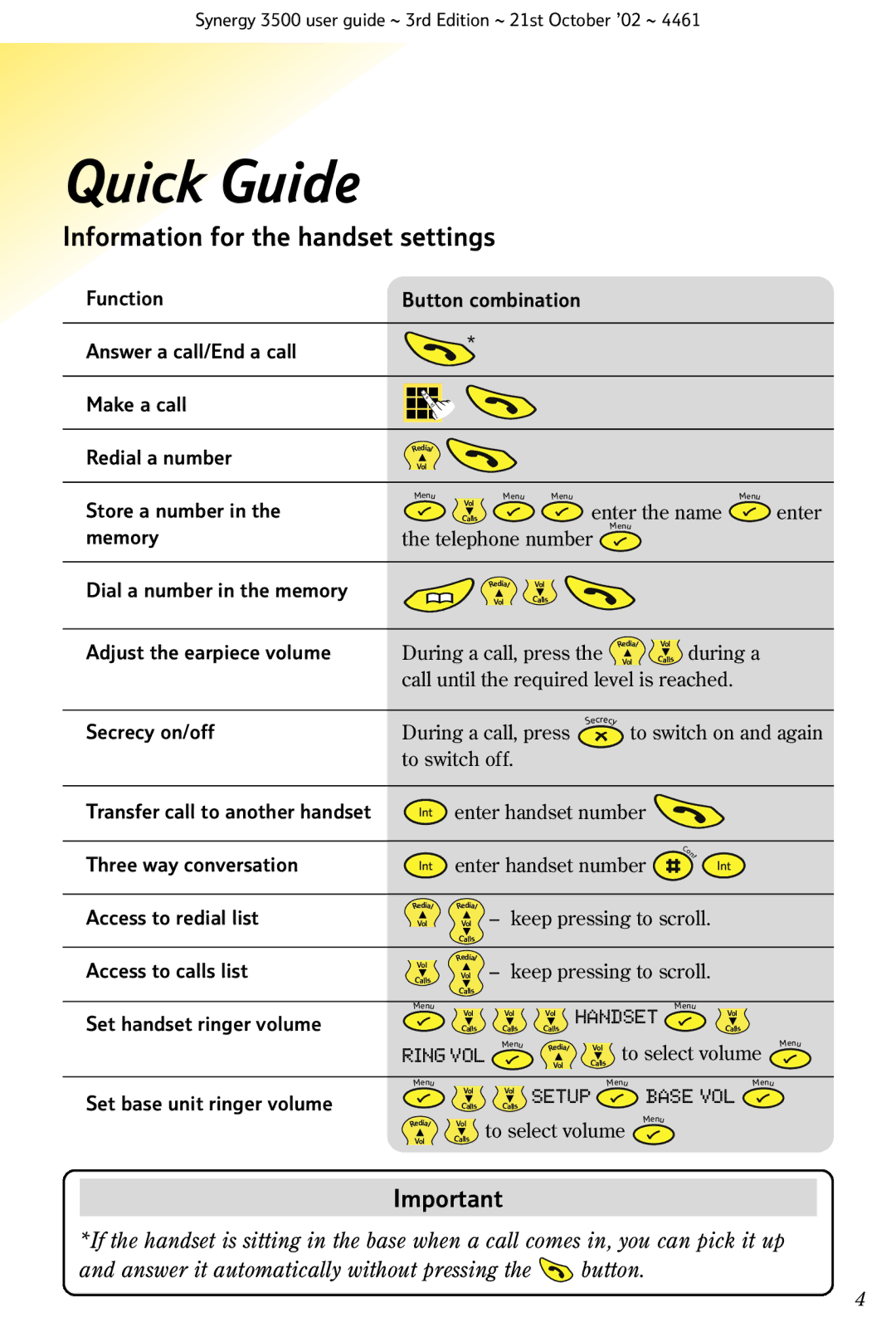 BT Synergy 3500 manual Quick Guide, Information for the handset settings 