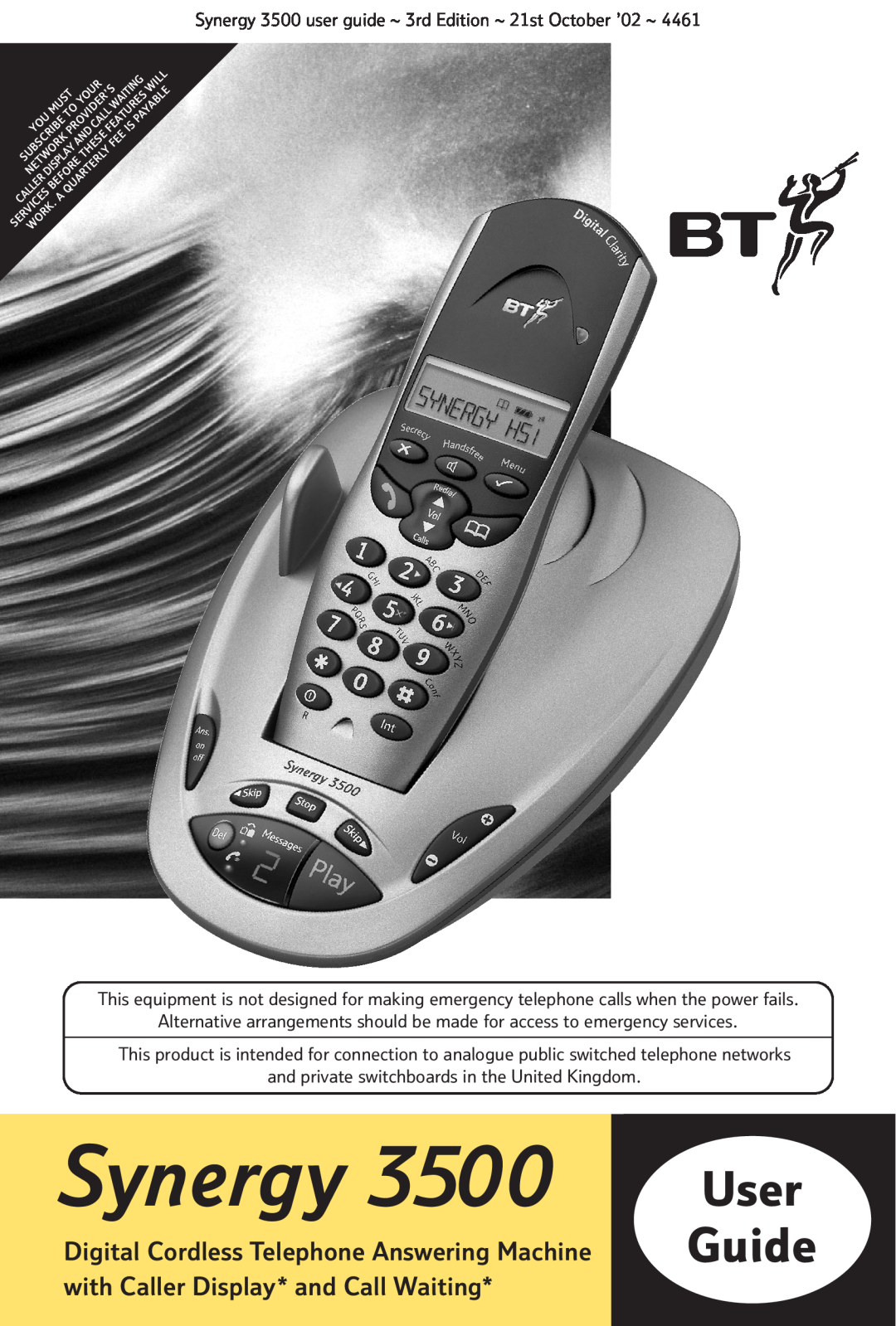 BT Synergy 3500 manual Digital Cordless Telephone Answering Machine, with Caller Display* and Call Waiting 