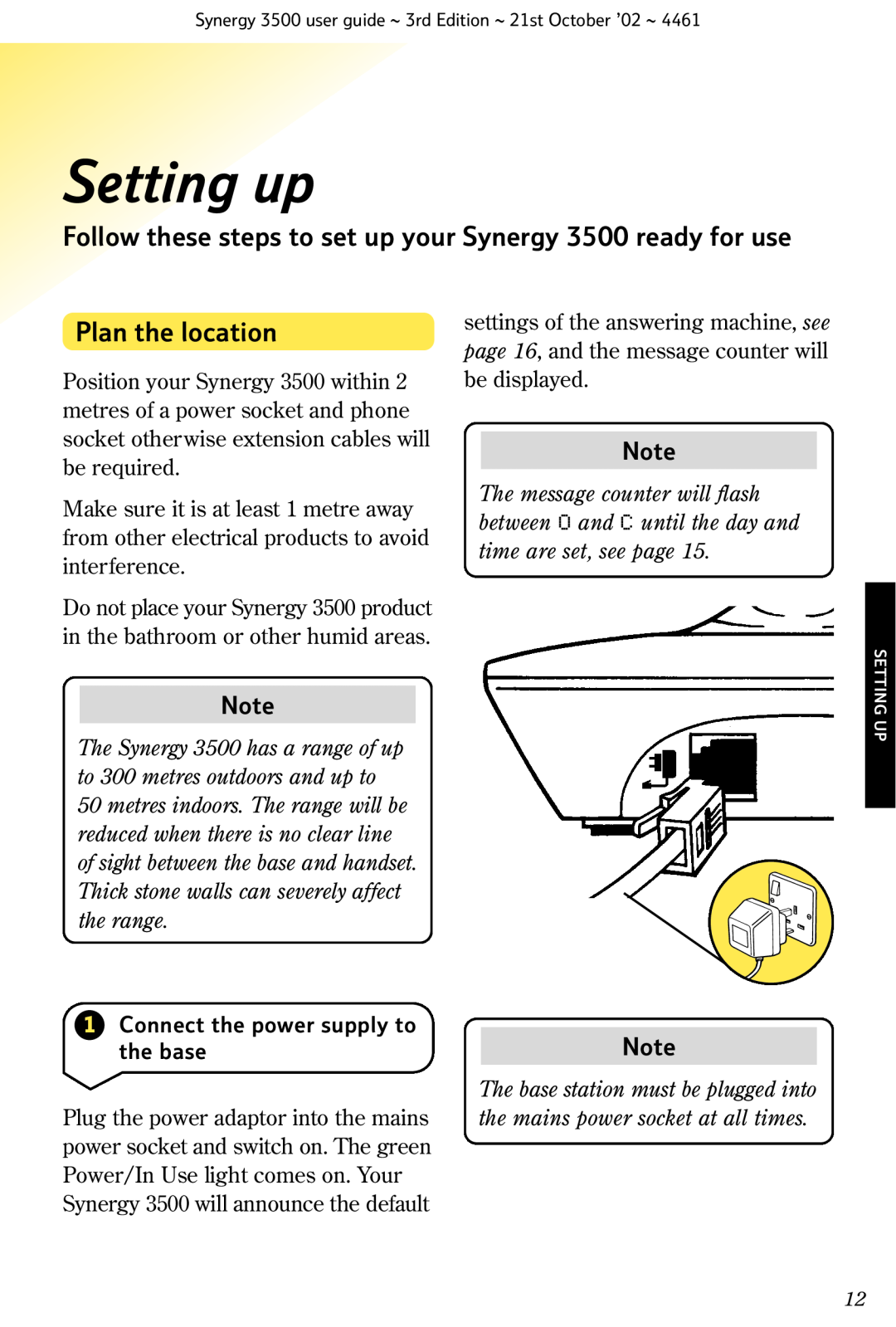 BT manual Setting up, Follow these steps to set up your Synergy 3500 ready for use, Plan the location 