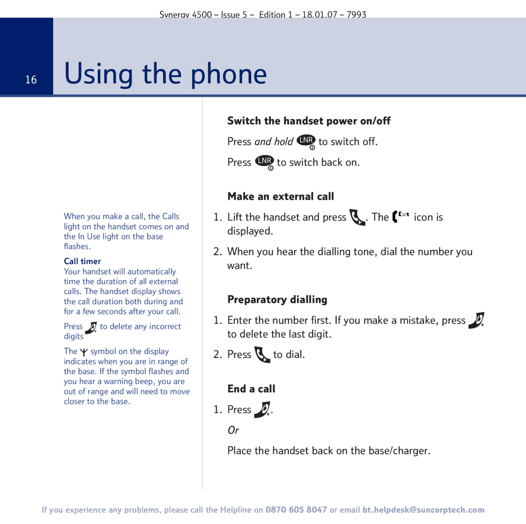 BT SYNERGY 4500 manual Using the phone, Call timer 